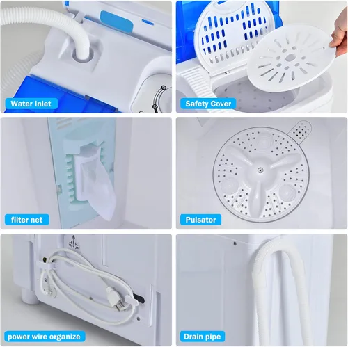 Vista 9 de COSTWAY Lavadora portátil, doble bañera semiautomática de 13 libras, lavadora compacta y giratoria, bomba de drenaje integrada, pomos de control