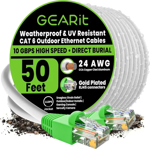 Vista 9 de GEARit - Cable Ethernet RJ45 Cat6 de exterior, velocidad transferencia 10 Gpbs, conector chapado en oro, recubierto de cobre, resiste rayos UV, Negro