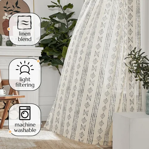 Vista 9 de jinchan Cortinas bohemias a rayas para sala de estar, cortinas de lino estilo granja de 63 pulgadas de largo, 2 paneles para dormitorio, mudcloth