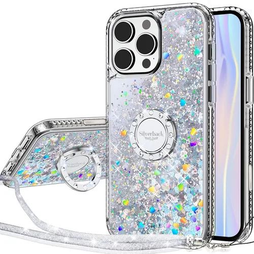 Vista 25 de Silverback Funda para iPhone 15, funda con purpurina holográfica líquida en movimiento con soporte, para niñas y mujeres, funda protectora