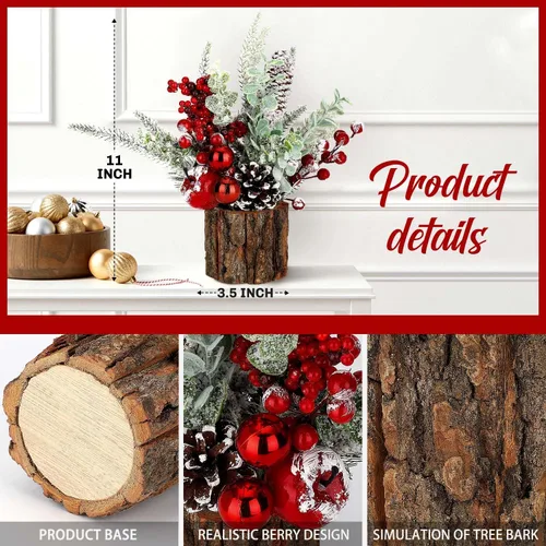 Vista 3 de Pequeño árbol de Navidad de mesa artificial, mini decoraciones de árbol de Navidad con adornos navideños, bayas rojas, piñas, vegetación para hogar