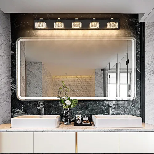 Vista 8 de SineRise Luces de tocador de baño sobre espejo, 5 luces regulables 5CCT, luces LED de tocador de cristal negro y dorado, aplique de pared