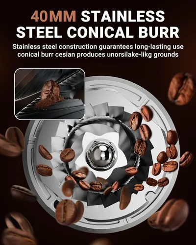 Vista 2 de AMZCHEF Molinillo de café, molinillo de granos de café para uso doméstico con molienda precisa, panel de control LED, soporte de embudo desmontable
