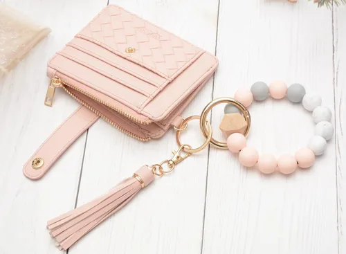 Vista 4 de COOLANS - Cartera con pulsera, llavero y borla para mujer, tarjetero de bolsillo para tarjetas de crédito, bolso pulsera