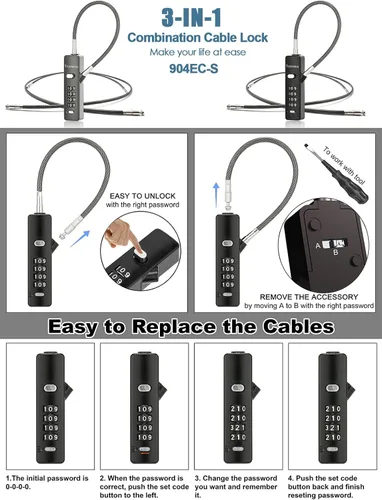 Vista 4 de Candado de cable combinado, con 3 cables de bloqueo de acero flexible de repuesto (9 pulgadas, 23.6 pulgadas, 47.2 pulgadas) – Cerradura de cuerda