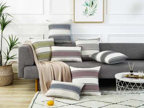 Vista 2 de AmHoo Paquete de 2 fundas de almohada decorativas de lino estilo rural, cojín con decoración a rayas búfalo retro, funda de almohada con cremallera