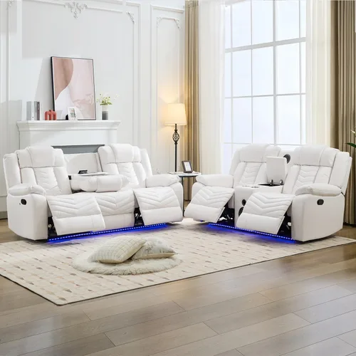 Vista 11 de Juego de sofá reclinable manual con cargador inalámbrico para sala de estar, sofá reclinable de cuero de 3 plazas y sofá biplaza con altavoces