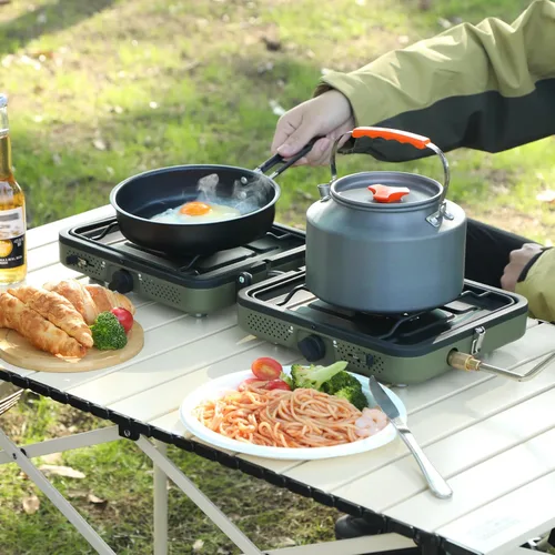 Vista 9 de Estufa de camping de propano de 2 quemadores, estufa de gas plegable portátil para acampar con 17200 BTU, dos quemadores ajustables con mango