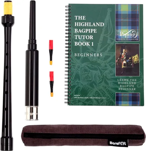 Bagpipe Practice Chanter - Férula grabada chapada en níquel de 18 pulgadas. Libro de tutores del Instituto de Tuberías de Gaita, 2 cañas de práctica