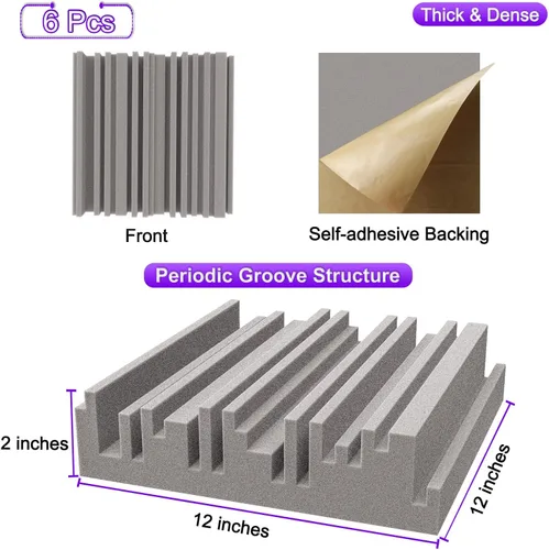 Vista 2 de TroyStudio Paneles de espuma acústica autoadhesivos, 12 x 12 x 2 pulgadas, 6 piezas de espuma absorbente de sonido de banda ancha, azulejos