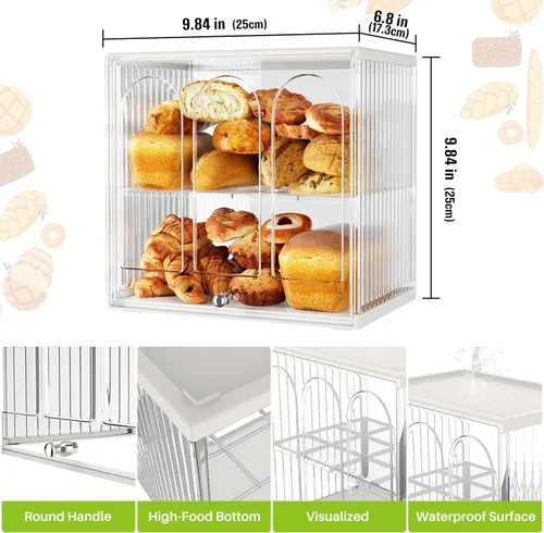 Vista 3 de Panera de doble capa para encimera de cocina, recipiente de pan transparente, almacenamiento de pan grande, cajas de pan para encimera de cocina