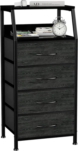 Cómoda con 4 cajones, torre de almacenamiento de tela para dormitorio, cajones de almacenamiento de ropa negros, organizador vertical de armario