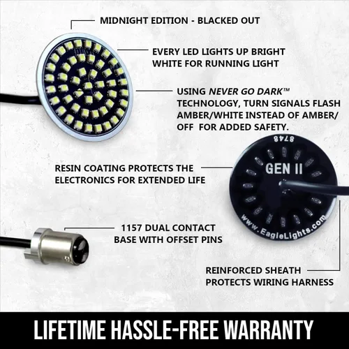 Vista 4 de Eagle Lights Generación II Edición Medianoche, señales de giro LED de 2 pulgadas con luces de funcionamiento blancas (delanteras (1157) y traseras