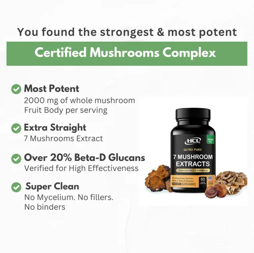 Vista 4 de Suplemento de hongos Extractos de melena de leones Cordyceps Chaga Reishi Turkey Tail Maitake Shiitake Cápsulas – Vitaminas Naturales Minerales