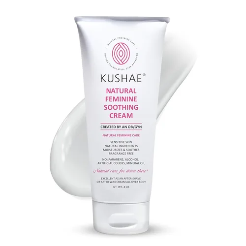 Kushae Crema calmante femenina para después del afeitado, hecha por obstetra/ginecología, natural, sin fragancia, a base de aloe, hidratante íntimo