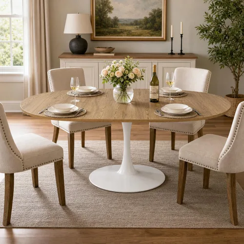 Vista 4 de Mesa de comedor ovalada extensible, mesa de cocina moderna de madera con parte superior de MDF y patas de pedestal dobles, mesa de 59.06 a 90.55