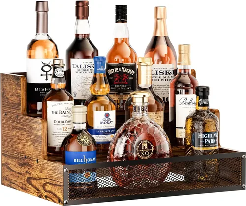 Vista 9 de Paquete de 2 estantes de exhibición de botellas de licor de mostrador de 3 escalones, estantes de bar de madera para 12 botellas con cercas