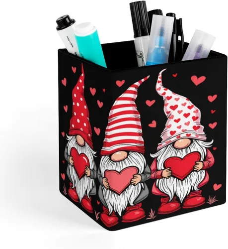 Vista 11 de Happy Valentines Day Gnome Plaid Hat Heart Pencil Holder, Leather Makeup Brush Holders Storage Desktop Organizer Desk Decor for Office School