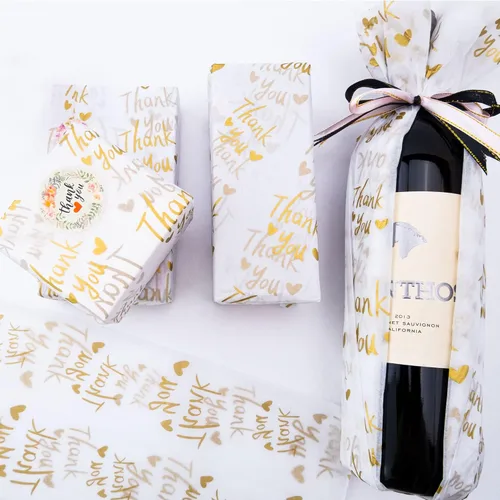 Vista 4 de MR FIVE 100 hojas de papel de seda blanco con dorado metálico a granel, 20 x 14 pulgadas, papel dorado de agradecimiento para embalaje, bolsas