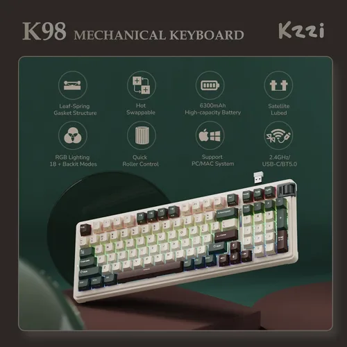 Vista 2 de KZZI Teclado mecánico inalámbrico K98, triple modo BT2.4GUSB-C Teclado para juegos retroiluminado RGB personalizado, estructura de junta