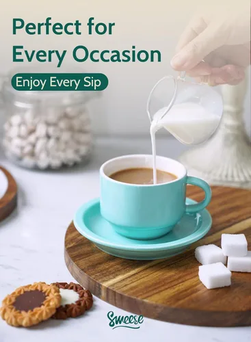 Vista 5 de Sweese - Juego de 4 tazas de espresso apilables de porcelana de 4 onzas con platillos y soporte de metal, color turquesa