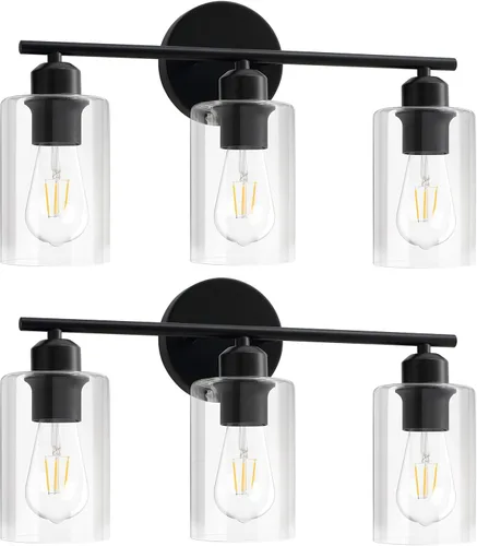 Vista 25 de Luminarias de baño de 2 luces, luces de tocador modernas negras con pantallas de vidrio esmerilado blanco lechoso, lámpara de pared de baño