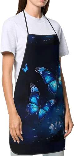 Vista 2 de Unisex Apron With Pocket, Dark Blue Butterflies Print Chef Apron For Cooking, Bbq & Crafts, Spillproof Kitchen Protection Bib With Large Utility