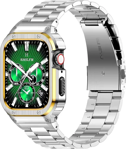 Vista 11 de HASLFM Correa de acero inoxidable con funda compatible con Apple Watch Series 9, 8, 7 (1.614 pulgadas), 6 5 4 SE3/2/1 (1.575 pulgadas), Series 3, 2