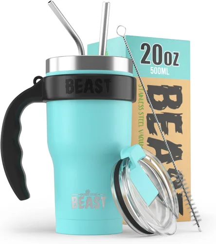 BEAST - Juego de vasos de 20 onzas con asa, taza de café de acero inoxidable + 2 cepillos para pajillas, caja de regalo y mango negro