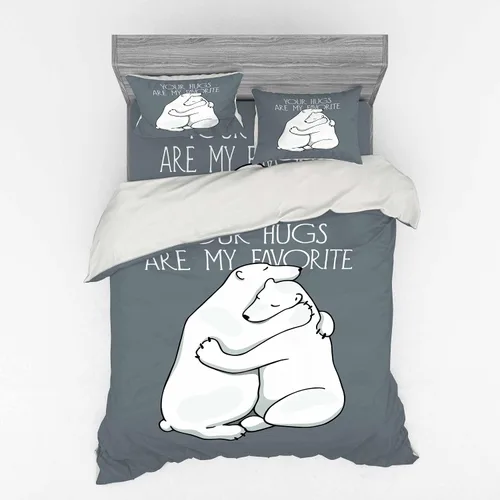 Ambesonne Bear Bedding Set, Valentines Themed Your Hugs Lettering with Hugging Arctic Polar Animals Romance, 4 Piece Duvet Cover Set with Shams and