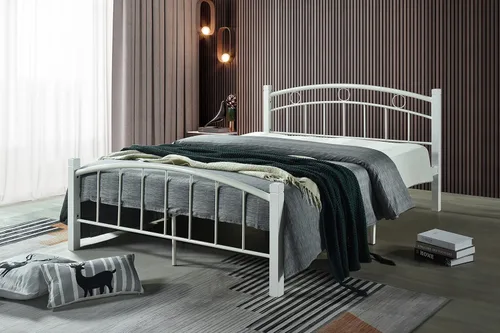 Vista 4 de HODEDAH Cama completa de plataforma de metal blanco con cabecero y estribo en tamaño Queen