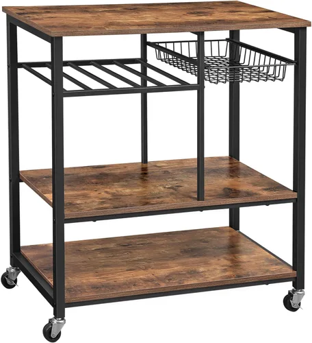 Vista 7 de VASAGLE ALINRU - Carrito de cocina, estante de almacenamiento de alimentos con cesta de malla metálica, soporte para botellas y estantes, 31.5
