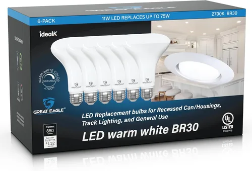 Vista 13 de Great Eagle Lighting Corporation Bombilla LED BR30, 11 W (equivalente a 75 W), 850 lúmenes, 2700 K (blanco cálido), para uso empotrado, regulable