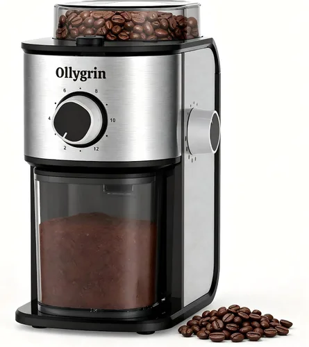 Molinillo de café eléctrico de fresas planas, molinillo de café con 14 ajustes de molienda, molinillo de fresas con tolva de granos de 7 onzas