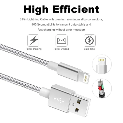 Vista 3 de Paquete de 3 cables de carga para iPhone [certificado Mfi] de 10 pies de nailon trenzado; cable de carga USB de alta velocidad compatible con iPhone