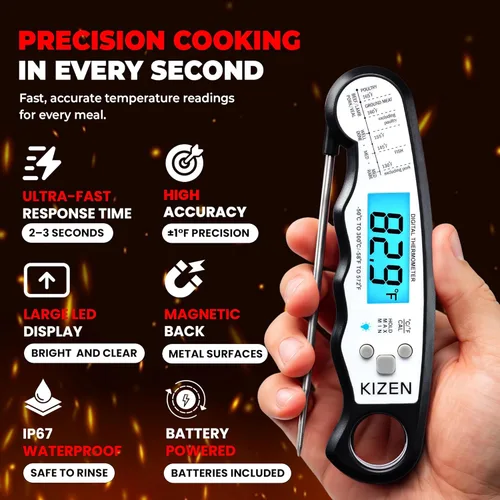 Vista 2 de Termómetro digital de lectura instantánea para carne de KIZEN - Termómetro de alimentos para cocinar, parrilla, horno, barbacoa - Clasificación IP67