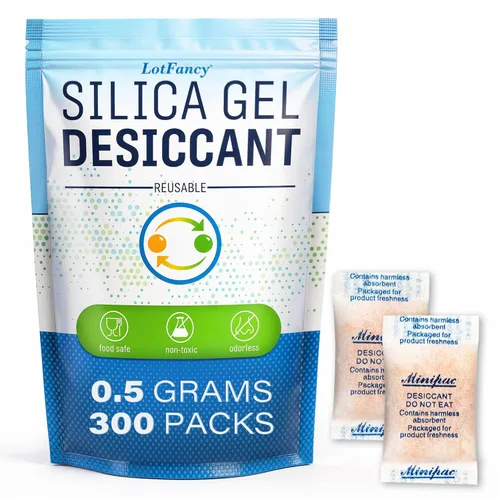 LotFancy Paquetes de gel de sílice, 300 unidades de 0.5 gramos, paquetes desecantes indicadores, bolsas absorbentes de humedad para especias, joyas,