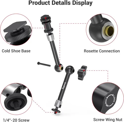 Vista 2 de SMALLRIG Brazo articulado con roseta de máximo 11 pulgadas de largo con soporte de zapata fría y adaptador de tornillo roscado estándar de 1/4"-20