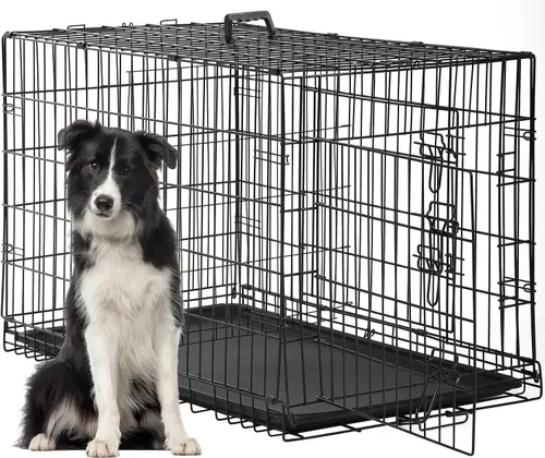 Vista 12 de FDW Jaula para perros con doble puerta, jaula plegable de alambre de metal de 36 pulgadas con bandeja extraíble y panel divisor, jaula para mascotas