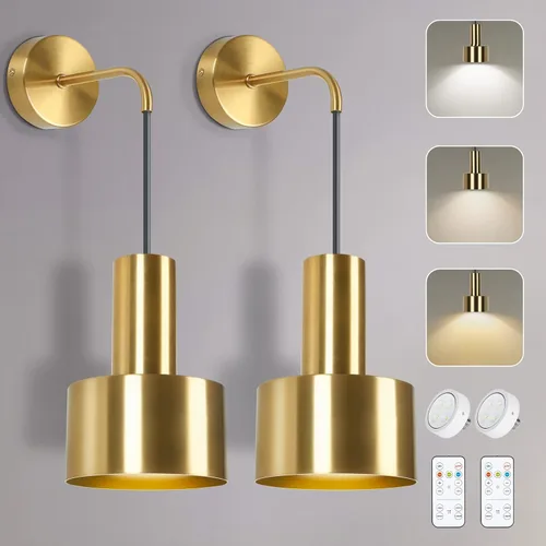 Vista 11 de VerRon Juego de dos apliques de pared recargables con batería, luces doradas inalámbricas con batería con bombillas desmontables y control remoto