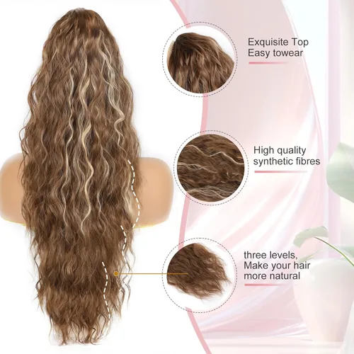 Vista 2 de Extensión de cola de caballo de 26 pulgadas, extensiones de cabello sintético largo y ondulado con cordón para mujer, extensiones de cabello