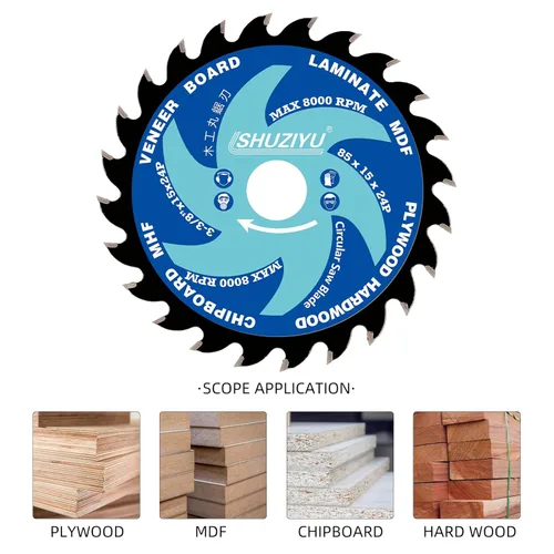 Vista 4 de 3-3/8" (85mm)-24T, hoja de sierra circular de trabajo de madera, eje 0.591 in con 3/8"(10mm) Wahser, para laminado, tablero de chapa, madera
