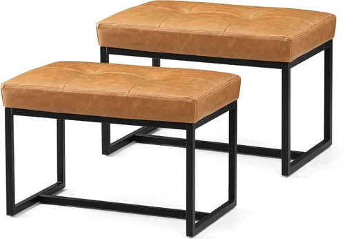 Vista 15 de Glitzhome Banco otomano, sillas modernas de piel sintética con marco de metal, taburete de maquillaje, taburete acolchado para sala de estar, Negro