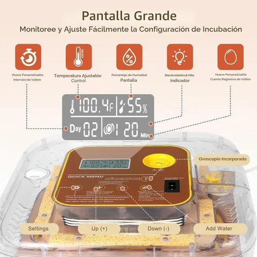 Vista 3 de ZEMIRO CHARGE Incubadora de 12 huevos con giro automático, control de humedad, vela LED para huevos, y adición automática de agua, para incubar