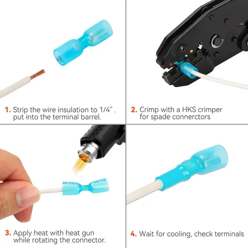 Vista 6 de HKS 100 conectores de pala hembra azul 16-14 AWG – Kit de conectores de cable de desconexión rápida eléctricos termorretráctiles – cobre rojo