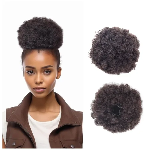 Vista 11 de Extensión de cola de caballo afro con cordón, corta sintética afro rizada para cabello natural, clip en cordón rizado, moño (grande, 1B#)