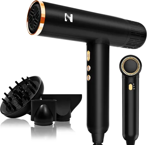 Nicebay Secador de Pelo Iónico con Difusor para Cabello Rizado, Motor Sin Escobillas de Alta Velocidad de 1600W y 110000RPM para Secado Rápido, Negro