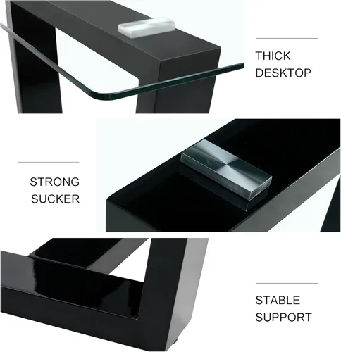 Vista 4 de Ebullient Mesa de comedor de cristal, mesa de comedor moderna, mesa de vidrio templado de 63 pulgadas con patas trapezoidales de MDF negras, mesa