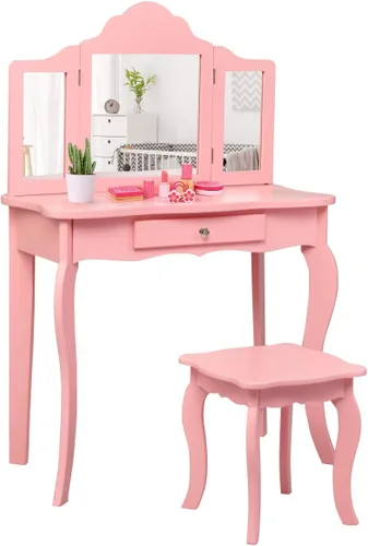 Costzon Juego de Mesa de Tocador y Taburete de Madera para Niños, Diseño Desmontable 2 en 1 con Mesa de Tocador y Escritorio, Mesa de Tocador de