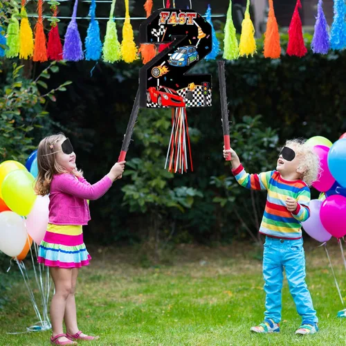 Vista 7 de Piñata de Auto de Carreras con Cuerda de Tirar, Piñatas de Autos para Decoraciones de Fiesta de Cumpleaños Número 2 3 4 5 6 con Venda para los Ojos